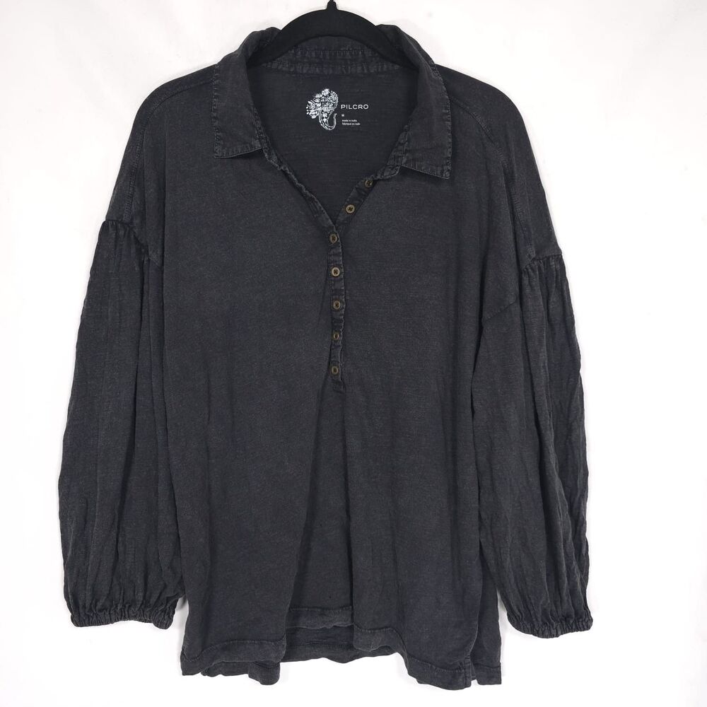 ANTHROPOLOGIE PILCRO Black Button Front Blouse Women M Long Sleeve Cotton Modalβ